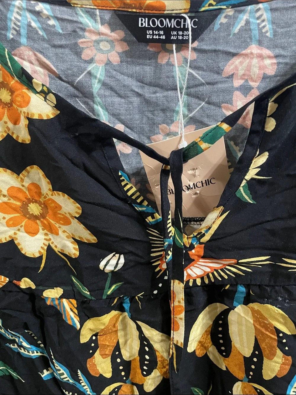 BloomChic Black Floral Tie-Front Tunic Orange &  Yellow Accents NWT Sz. 14/16
